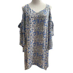 Parker Women's Size S Cold Shoulder Tie Sleeve Silk Shift Mini Dress Blue Floral